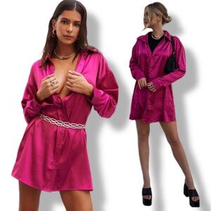 12th Tribe Unstoppable Fuchsia Pleated Satin Tunic Shirt Dress NWT S